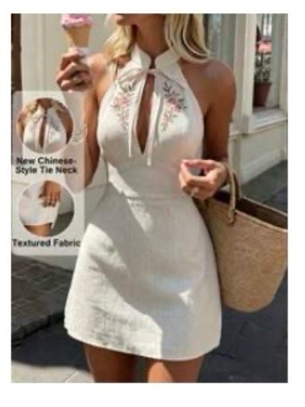 Women’s Champagne Floral Embroidered Halter Mini Dress Size XL – New